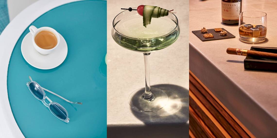Myconian Ambassador Luxus Genuss Getränke und Accessoires Collage mit Cocktail, Kaffee, Zigarren und Brille