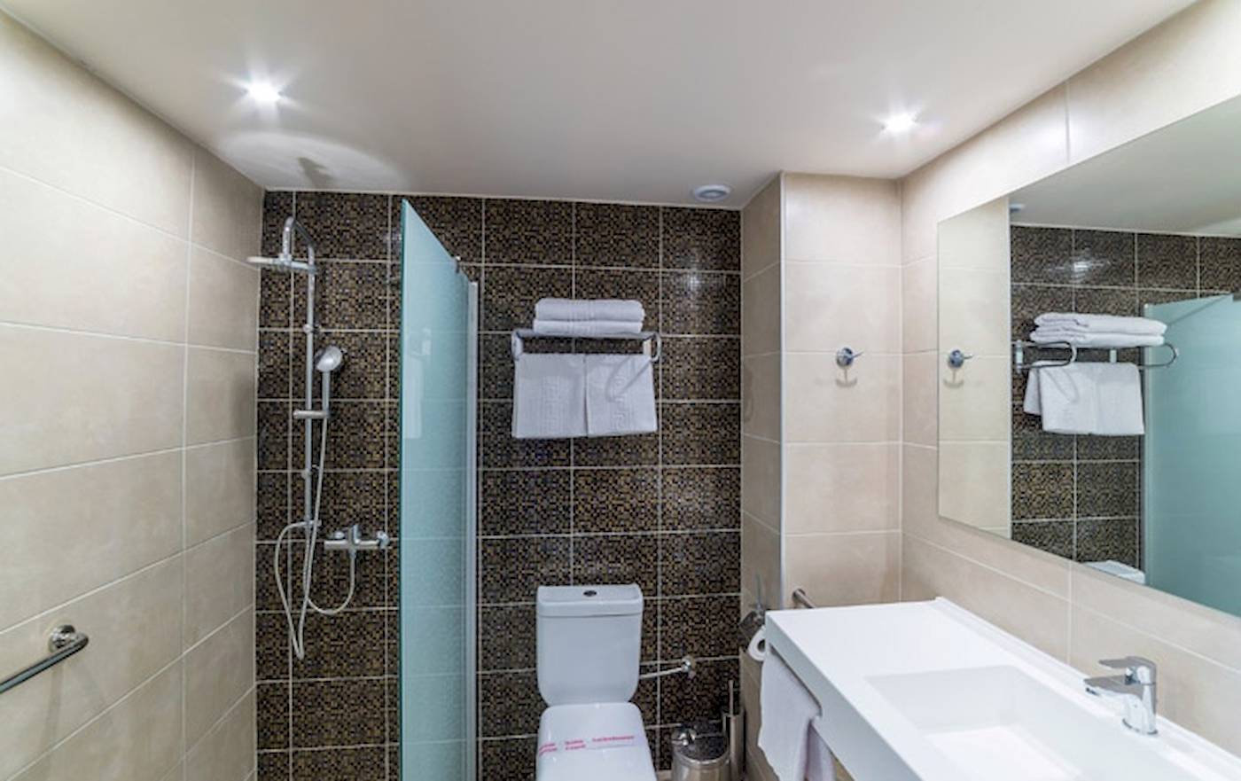 Badezimmer im Irene Palace Beach Resort mit Dusche, Toilette, Waschbecken und Spiegel.