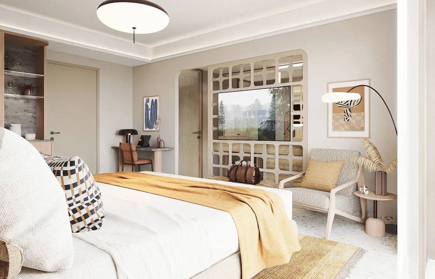 Innenansicht eines Schlafzimmers im Cactus Village Hotel mit Bett, Sessel, Schreibtisch und Fernseher.