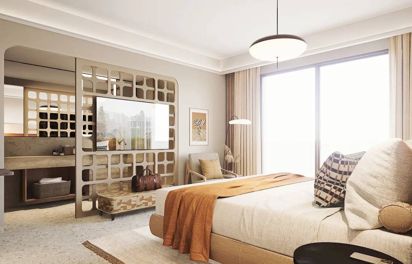 Innenansicht des Schlafzimmers im Cactus Village Hotel & Bungalows mit großem Bett, gemusterten Kissen und einem großen Fenster.