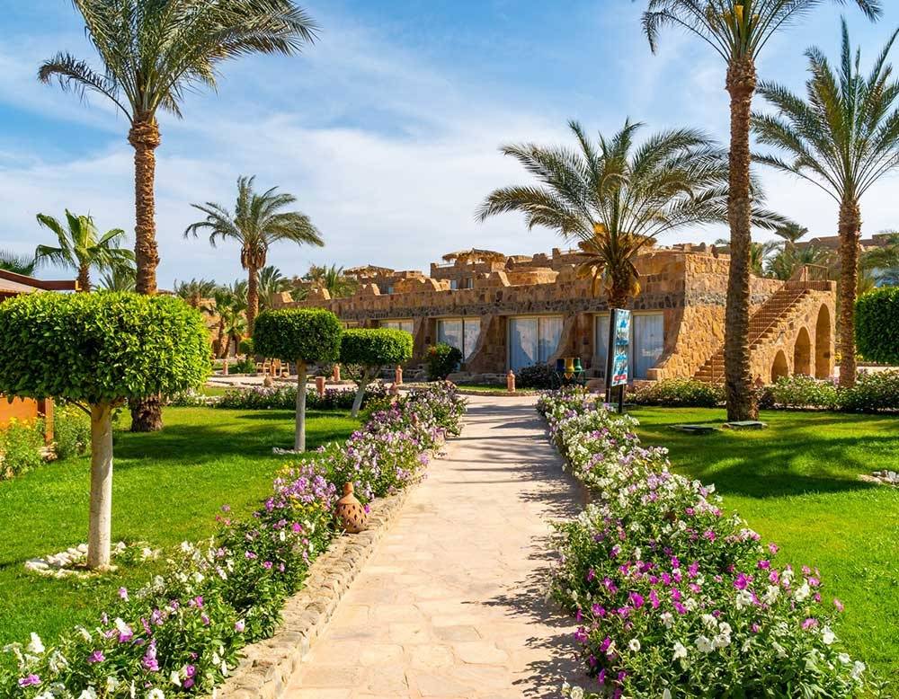 Außenbereich des Utopia Beach Club Hotels mit gepflegtem Rasen und Blumenbeeten.