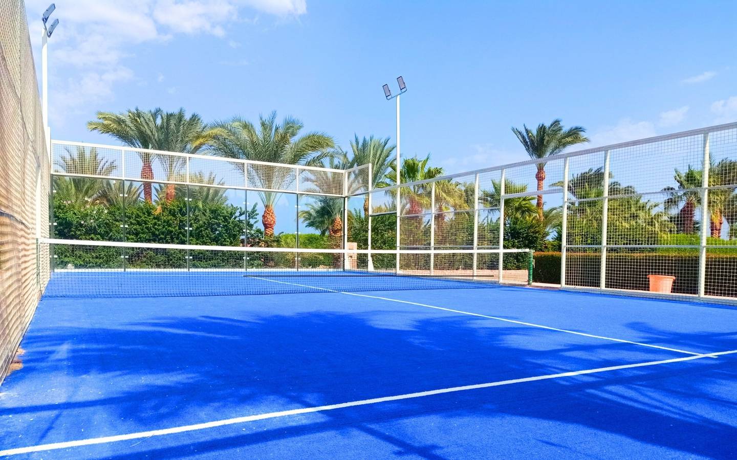 Ein leerer Tennisplatz des Utopia Beach Club mit blauem Boden und hohen Palmen im Hintergrund.