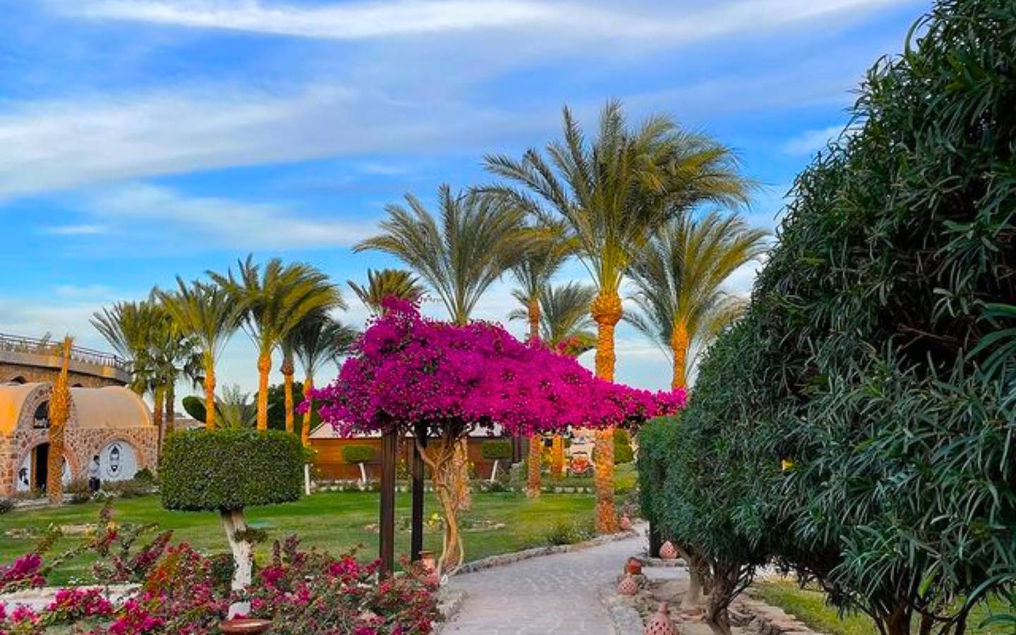 Gartenweg mit bunten Blumen und Palmen zum Utopia Beach Club Hotel.