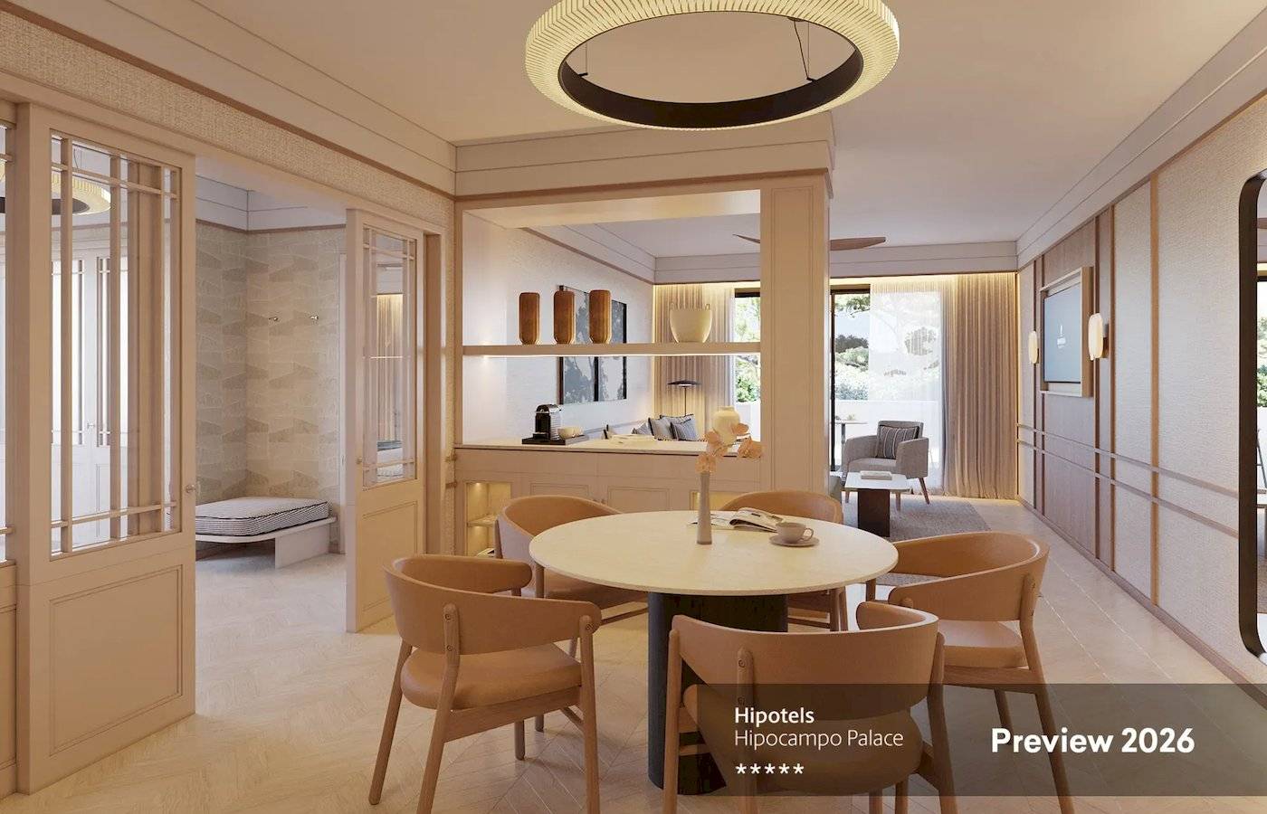 Vorschau 2026 des Hipotels Hipocampo Palace mit elegantem Essbereich und moderner Einrichtung.