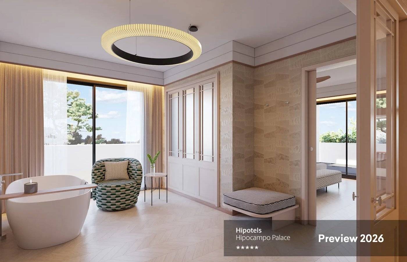 Badezimmer im Hipotels Hipocampo Palace mit Badewanne, Stuhl und Pflanzen, Vorschau 2026.