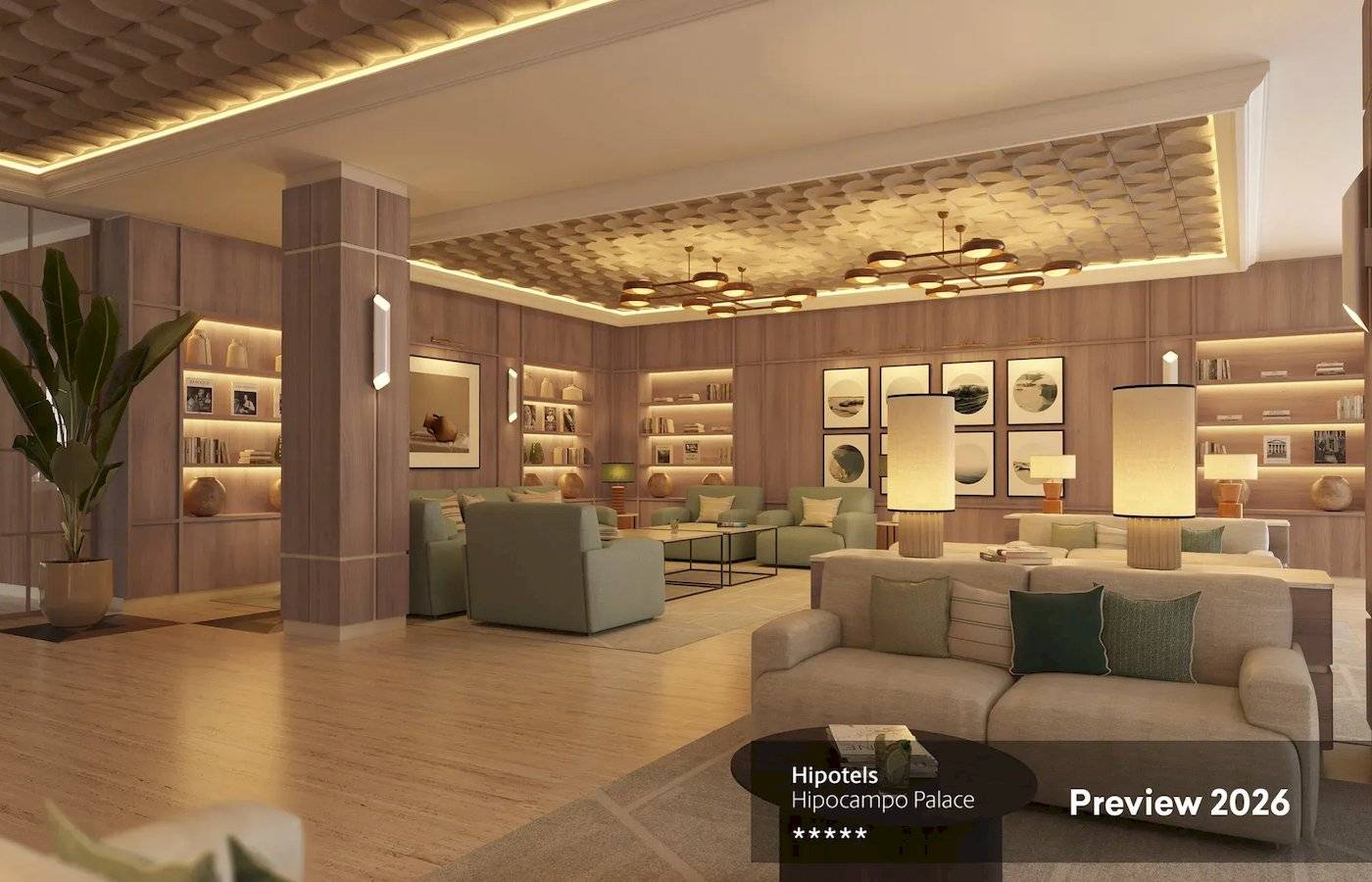 Innenansicht der Lobby von Hipotels Hipopcampo Palace mit modernen Möbeln, Holzböden und Beleuchtung.