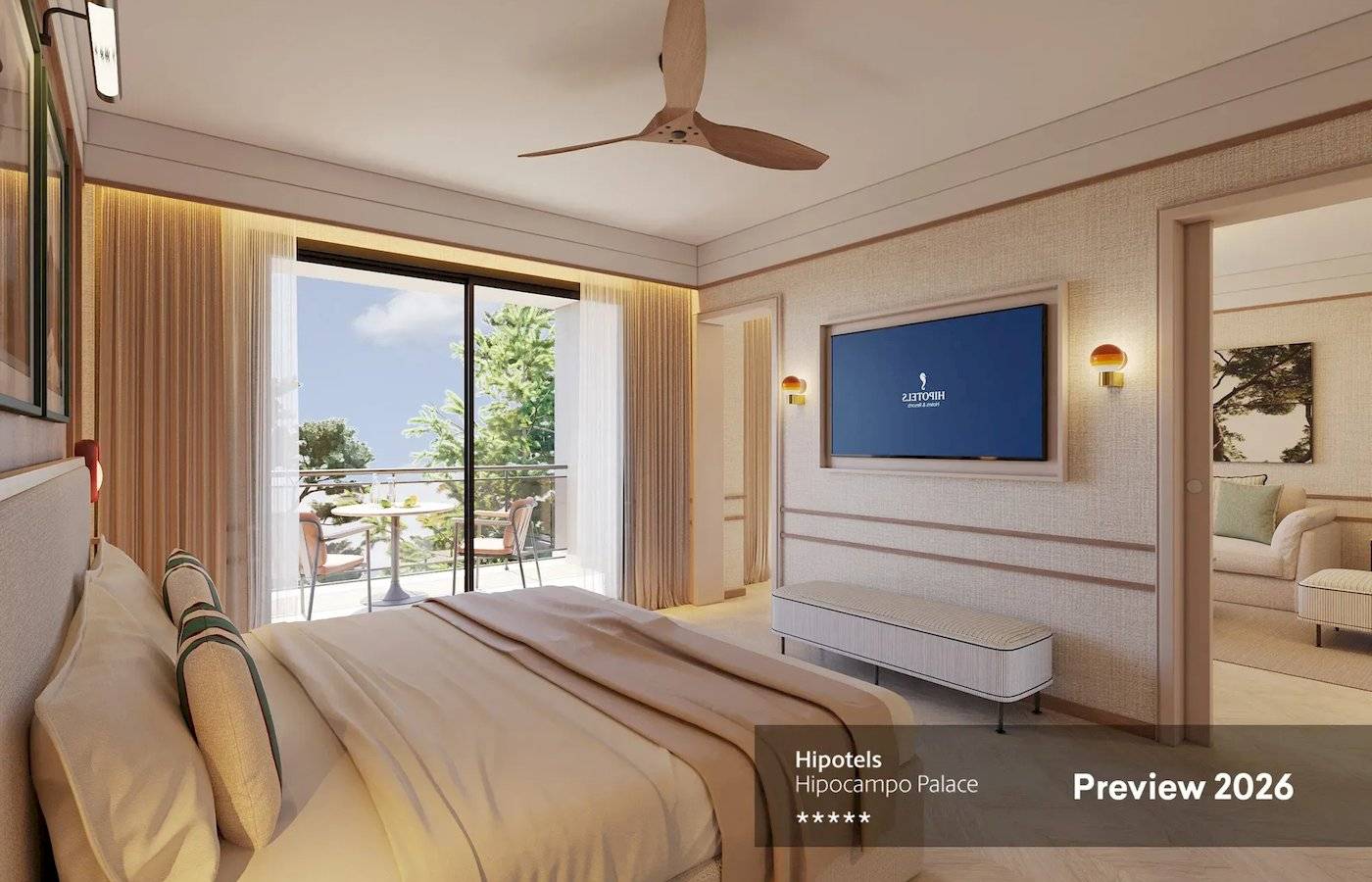 Hipotels Hipocampo Palace Schlafzimmer Vorschau 2026 mit Balkon, Fernseher und Wohnzimmer