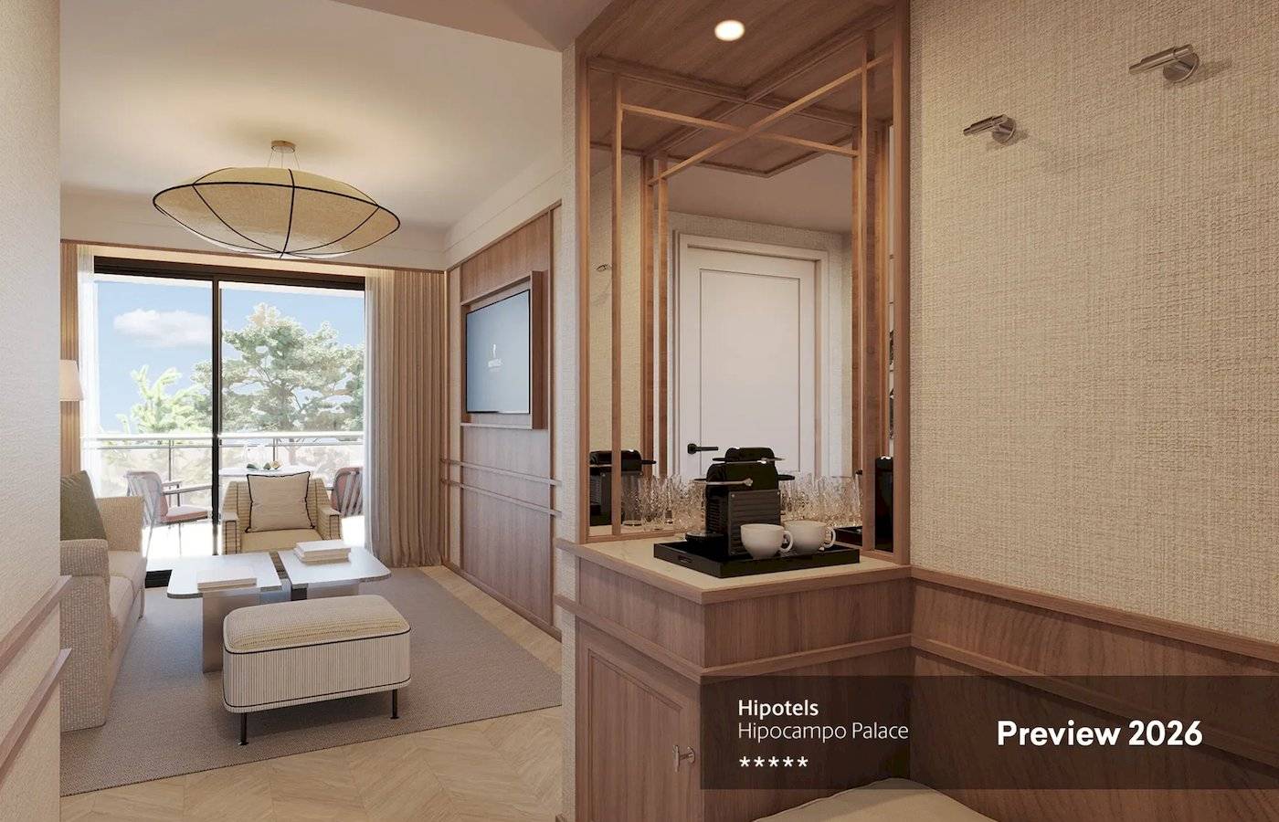 Vorschau 2026 des Innenraums des Hipotels Hipocampo Palace mit Möbeln und Aussicht.