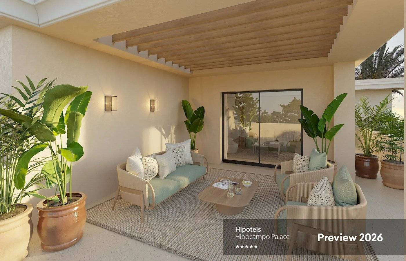 Vorschau 2026: Terrasse im Hipotels Hipocampo Palace mit Möbeln und Pflanzen.