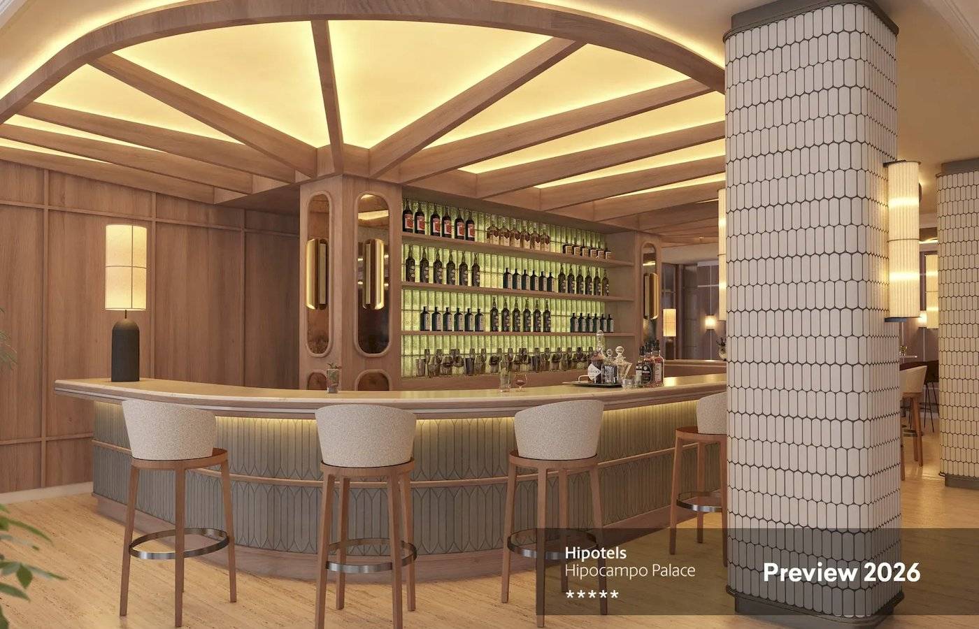 3D-Rendering der Inneneinrichtung der Bar im Hipotels Hipocampo Palace mit hölzernen Wänden, Thekenbeleuchtung und Barhockern.