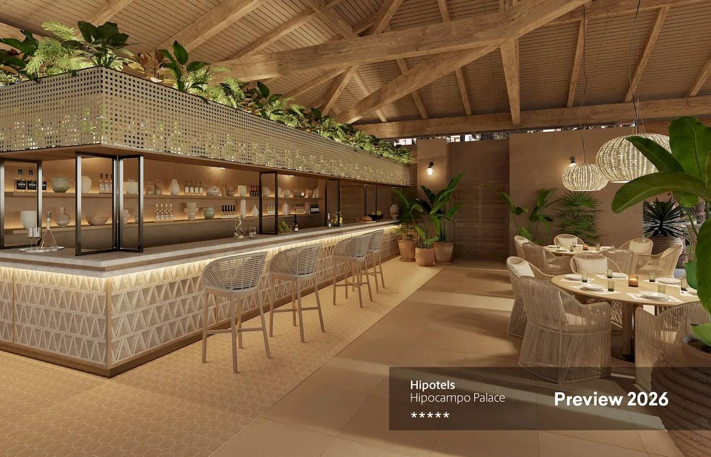 Innenbereich der Hipotels Hipocampo Palace mit Bar und Sitzgelegenheiten.