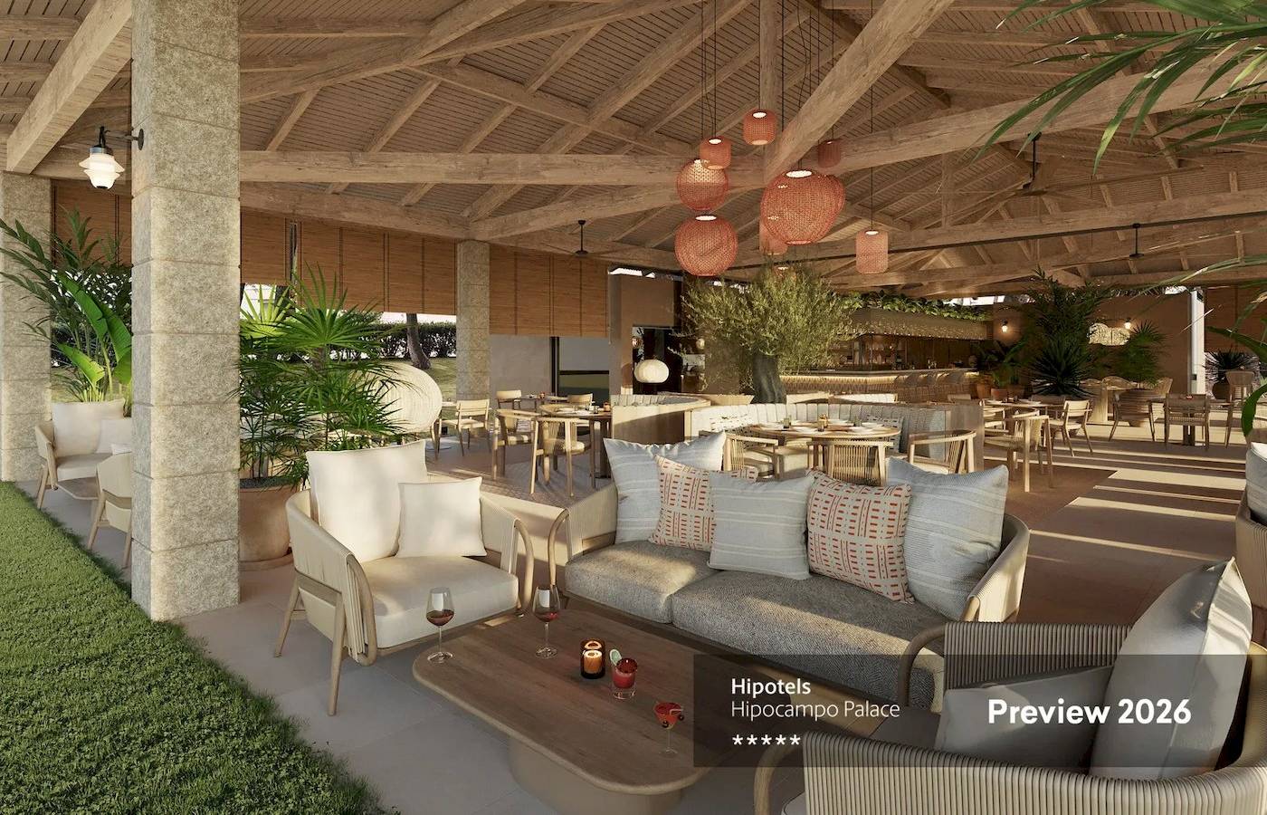 Vorschau von Hipotels Hipocampo Palace im Jahr 2026 mit Innenarchitektur des Restaurants.