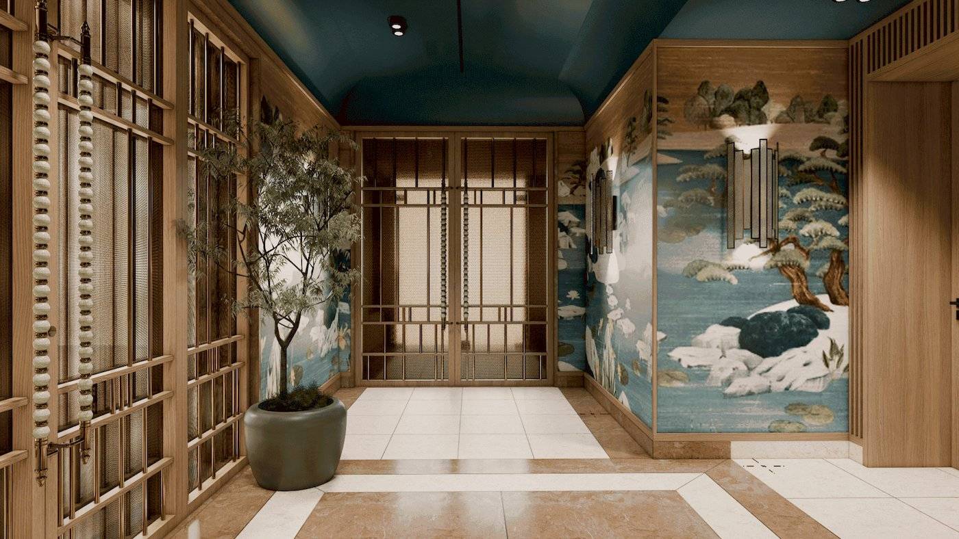 Flur des Atlantica Kalliston Resorts mit einer Pflanze in einem Topf und Wandgestaltung.