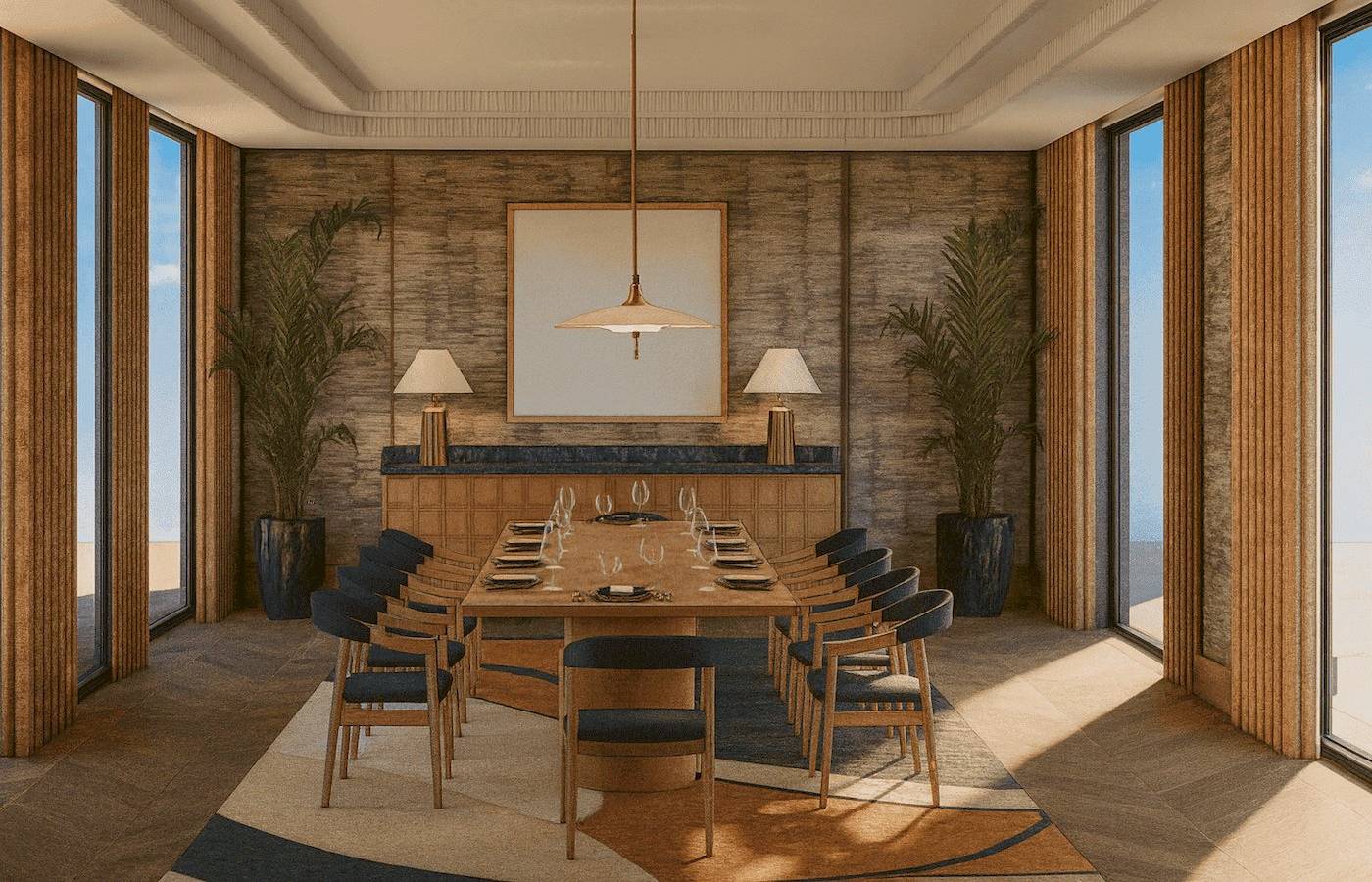 Essenbereich im Atlantica Kalliston Resort mit Esstisch, Stühlen und Pflanzen.