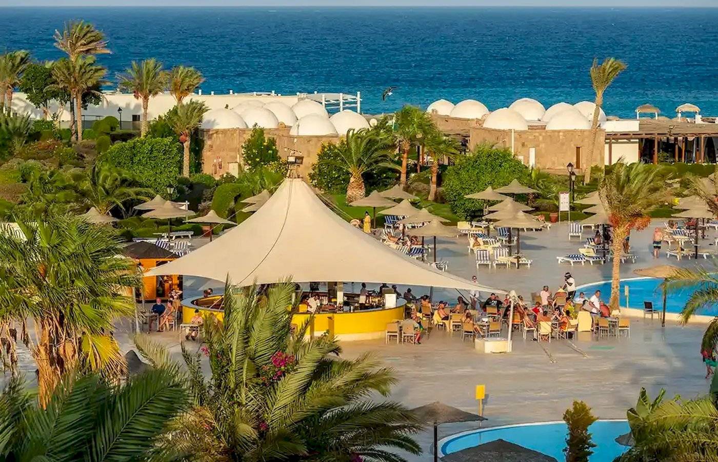Gorgonia Beach Resort mit Außenbereich, Pool, Bar und Sonnenliegen.