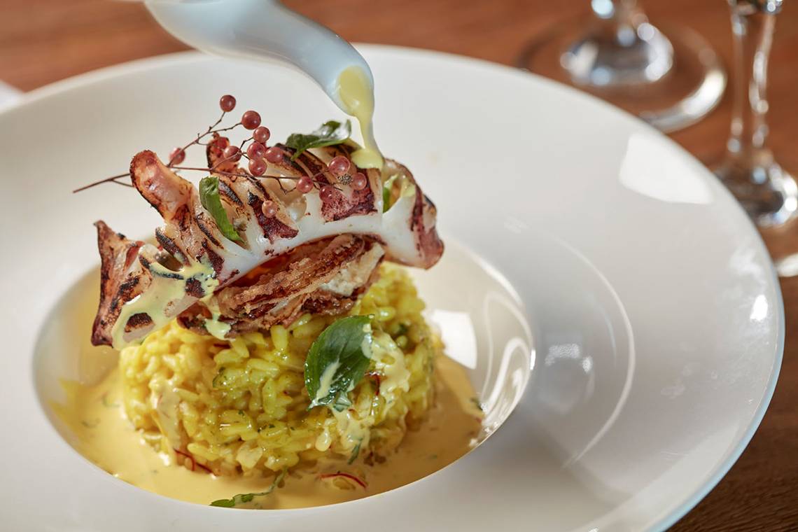 Ein Gericht mit gebratenem Tintenfisch und Risotto wird auf einem weißen Teller serviert.