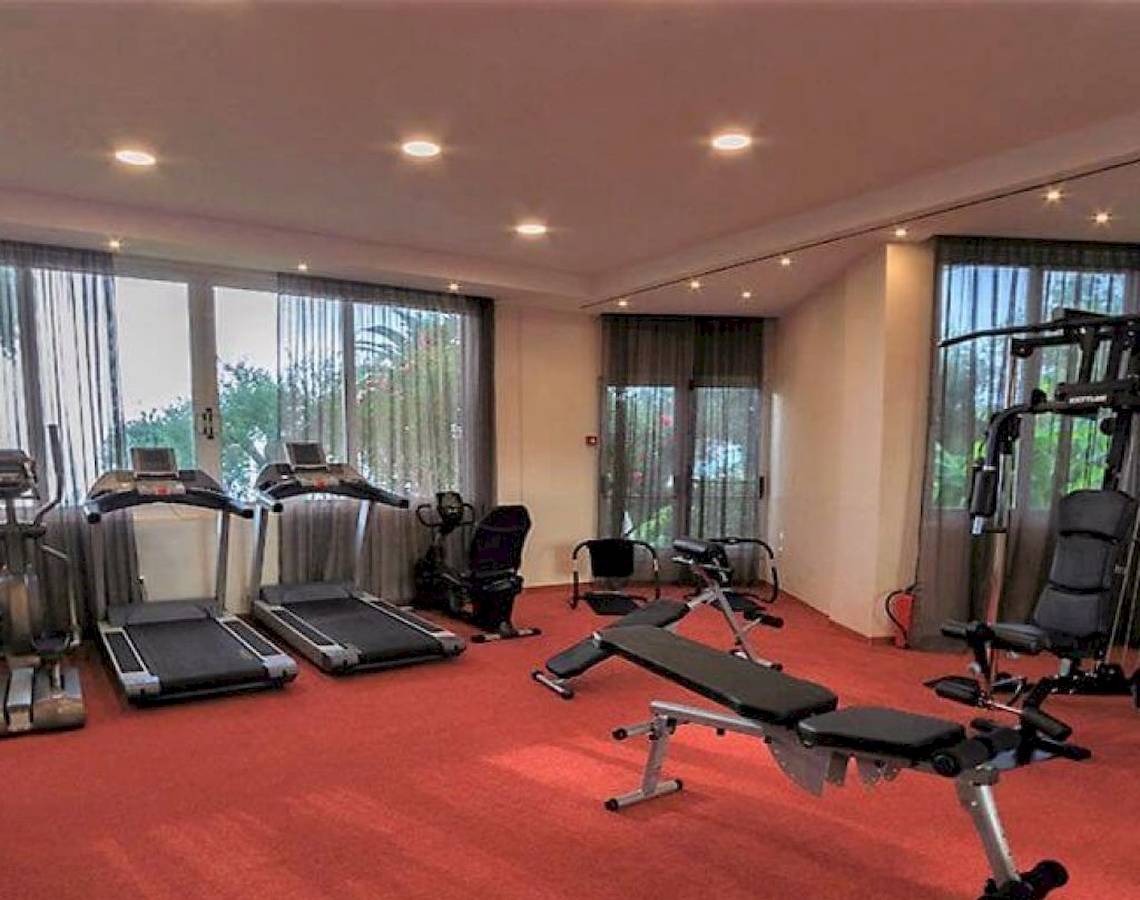 Fitnessraum im Elea Beach Hotel mit roten Teppichboden und Trainingsgeräten.
