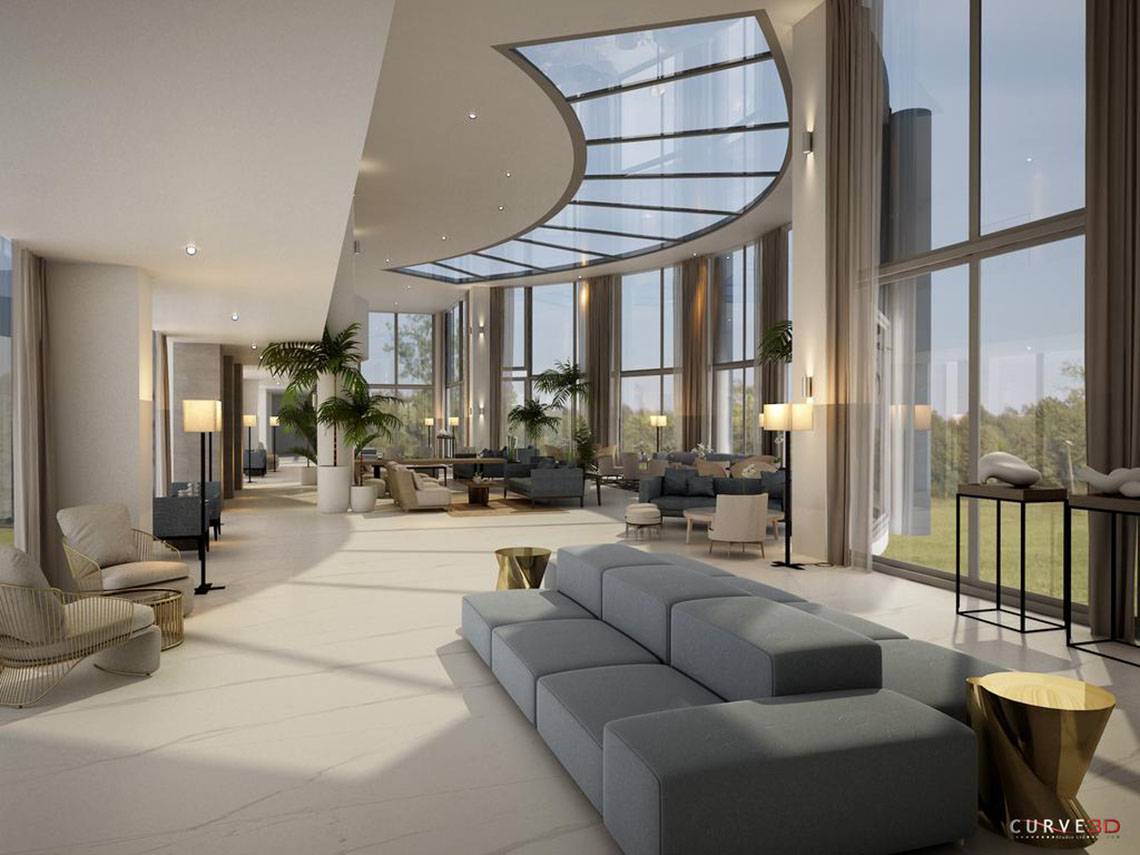 Innenansicht der Lobby im NissiBlu Beach Resort mit großen Fenstern und modernen Möbeln.