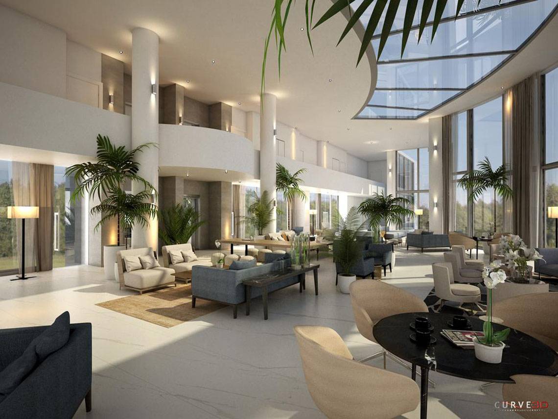 Lobby des NissiBlu Beach Resorts mit modernen Möbeln, großen Fenstern und Pflanzen.