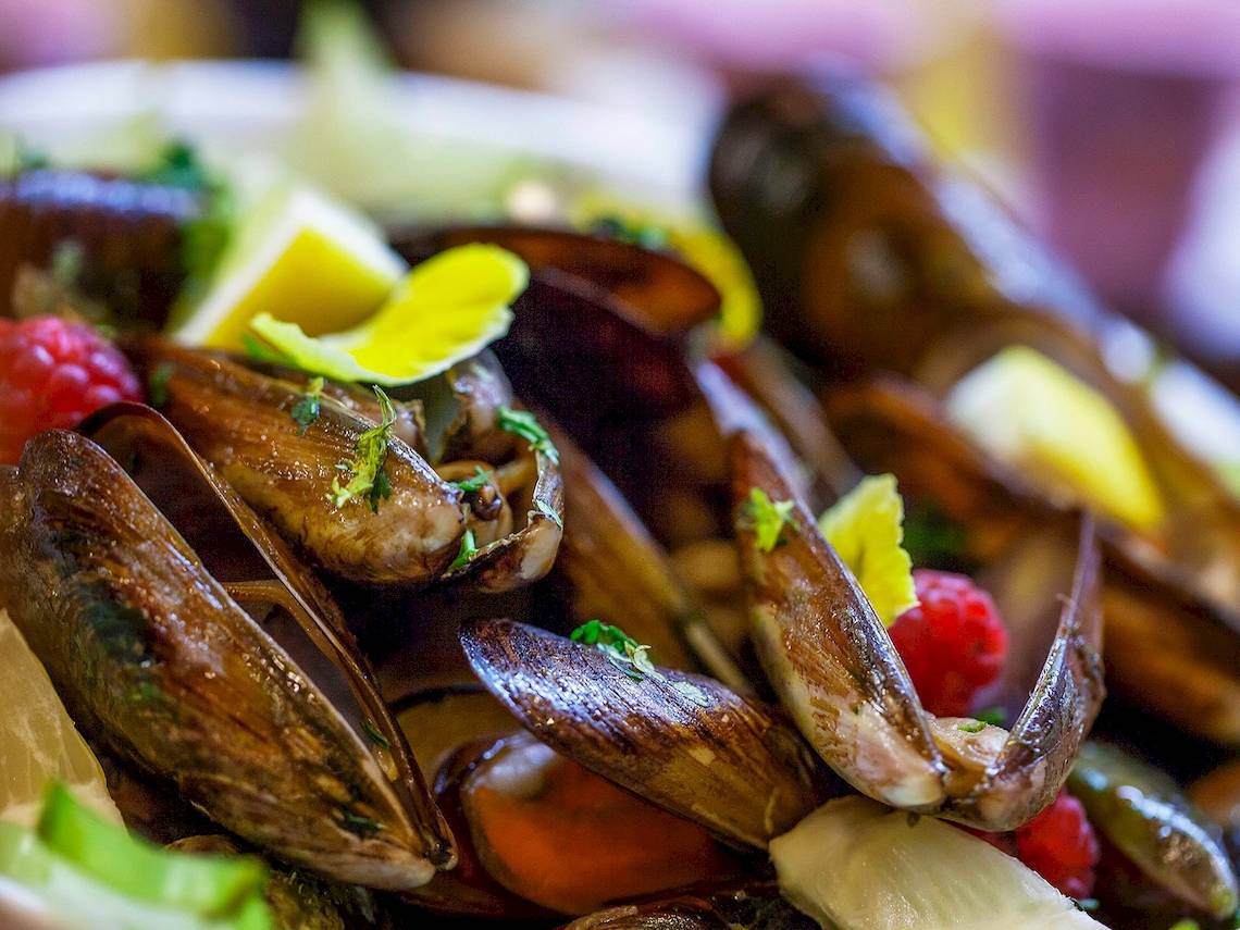 Ein Gericht mit gegrillten Muscheln in Schalen, garniert mit Raspberries und Zitronenscheiben.