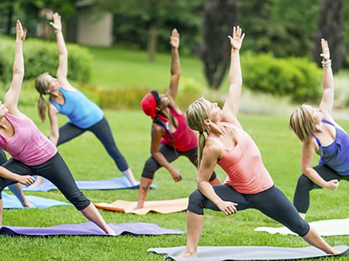 Frauen auf Grasflächen machen Yoga-Übungen auf Matten.