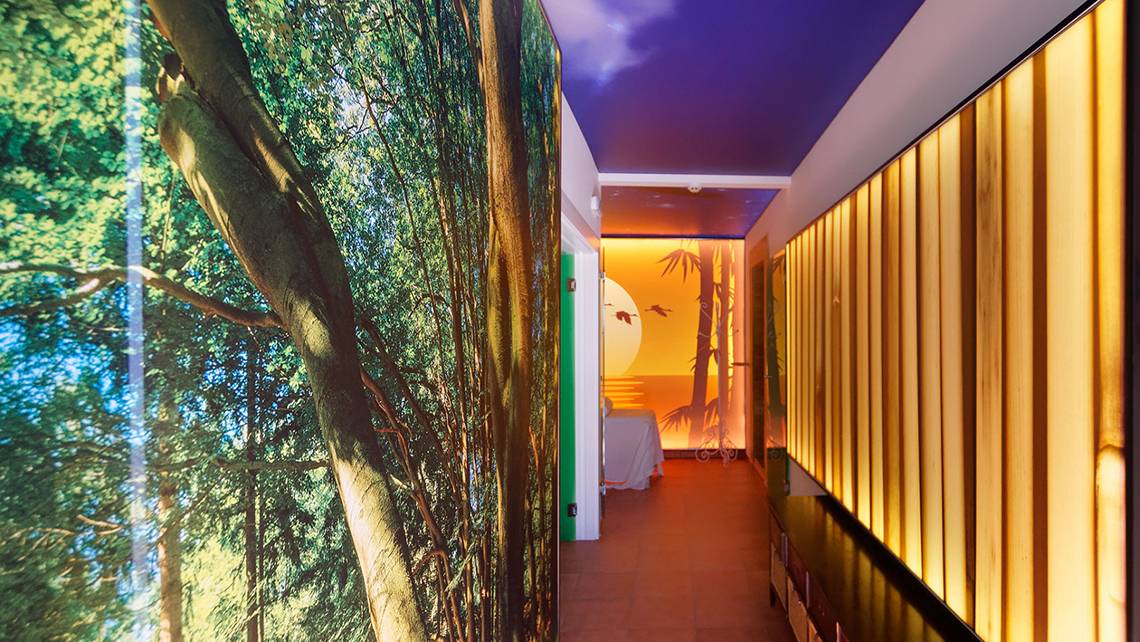Korridor des Parque Tropical Hotels mit Wandgestaltung, die einen Wald und eine Sonnenuntergangsszene darstellt.
