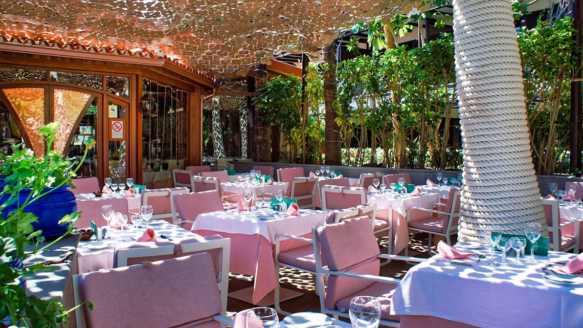 Die Terrasse des Parque Tropical Hotels mit pinken Tischen und Stühlen, umgeben von Pflanzen.