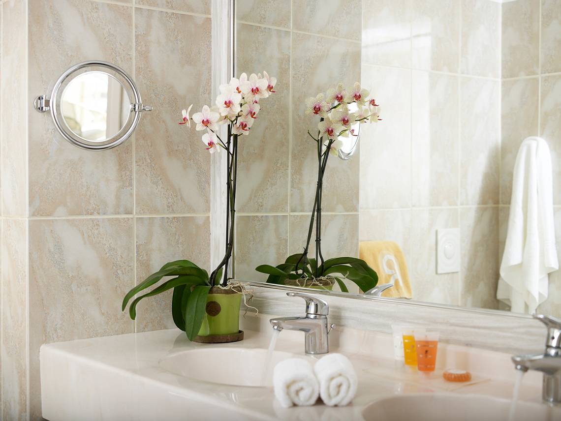 Ein Badezimmer mit einem Spiegel und zwei Orchideen in grünen Vasen, reflektiert in der Spiegelfläche.