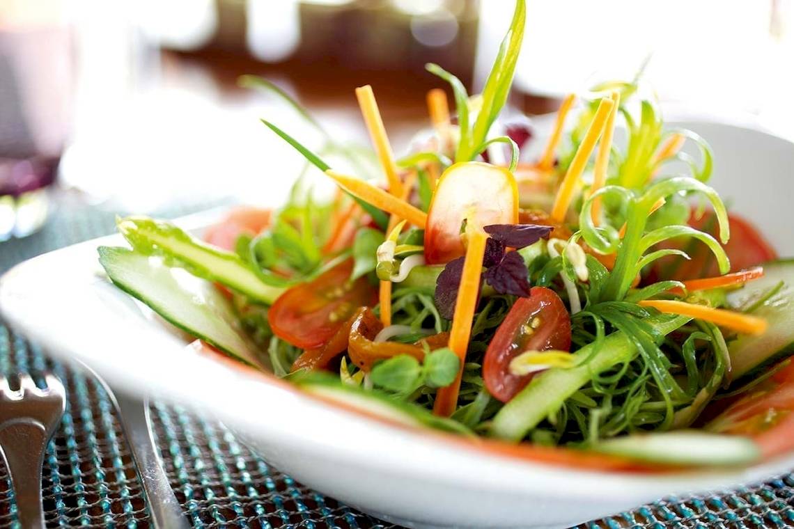 Gemüse-Salat in einem weißen Teller mit Tomaten, Karotten und Salat.