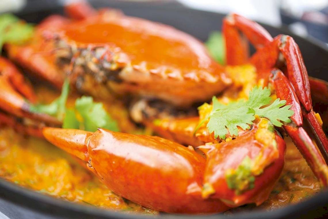 Ein gebratener roter Krabbe in Currysauce mit Koriander in einer schwarzen Schüssel.