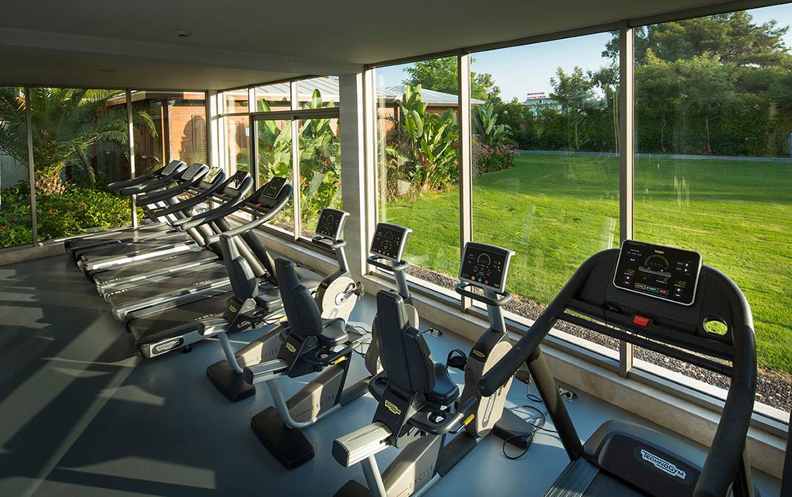Fitnesscenter mit mehreren Laufbändern und Blick auf eine Wiese im Titanic Deluxe Lara Hotel.