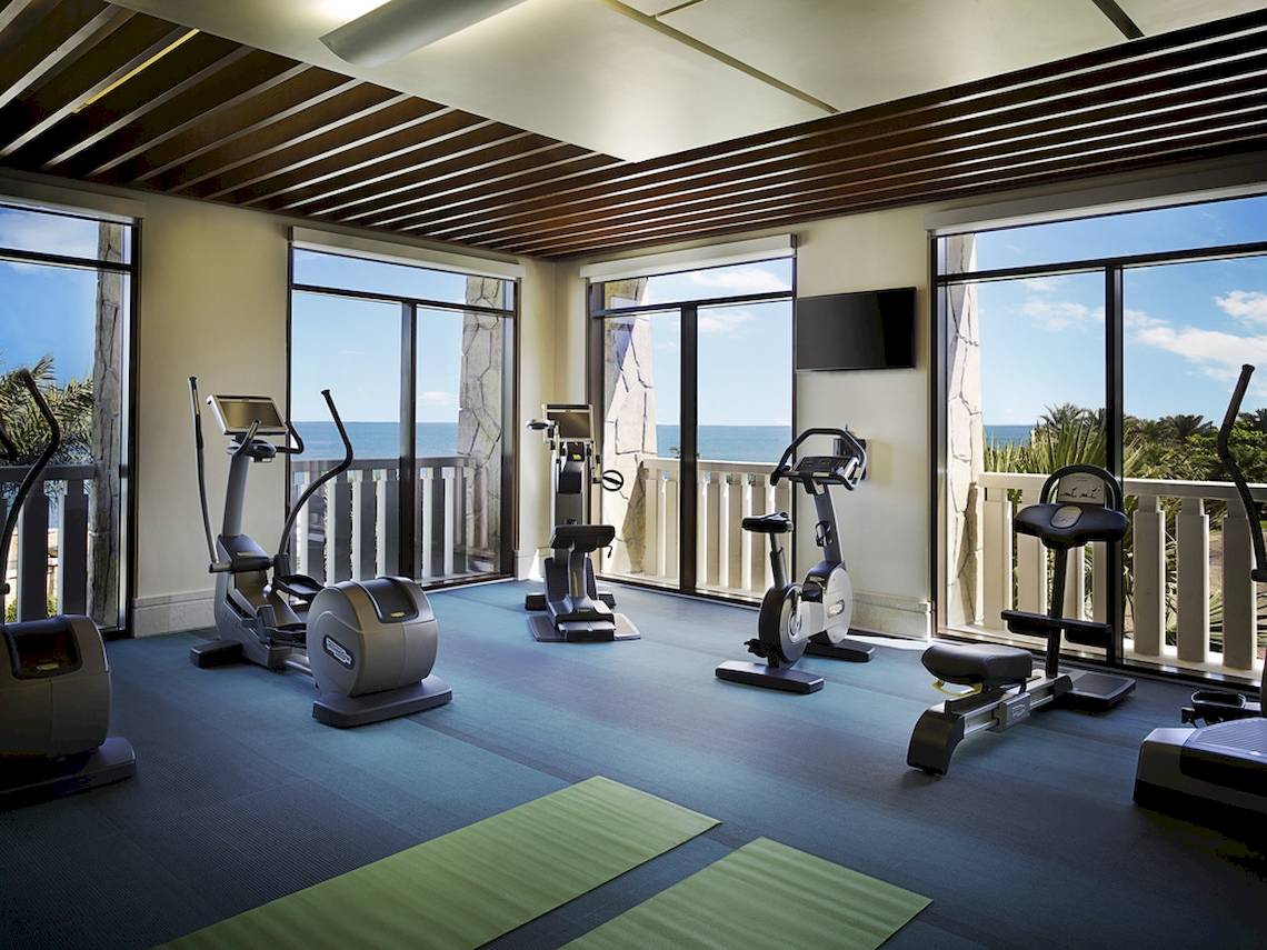 Fitnessraum im Sofitel Dubai The Palm mit Blick auf den Ozean und modernen Geräten.