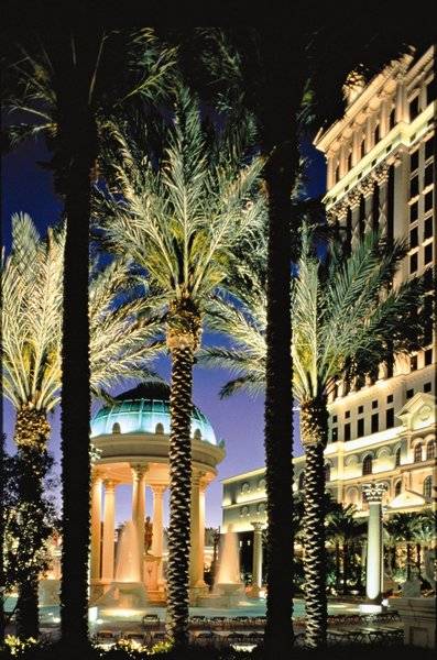Caesars Palace Nachtansicht mit Brunnen und Palmen