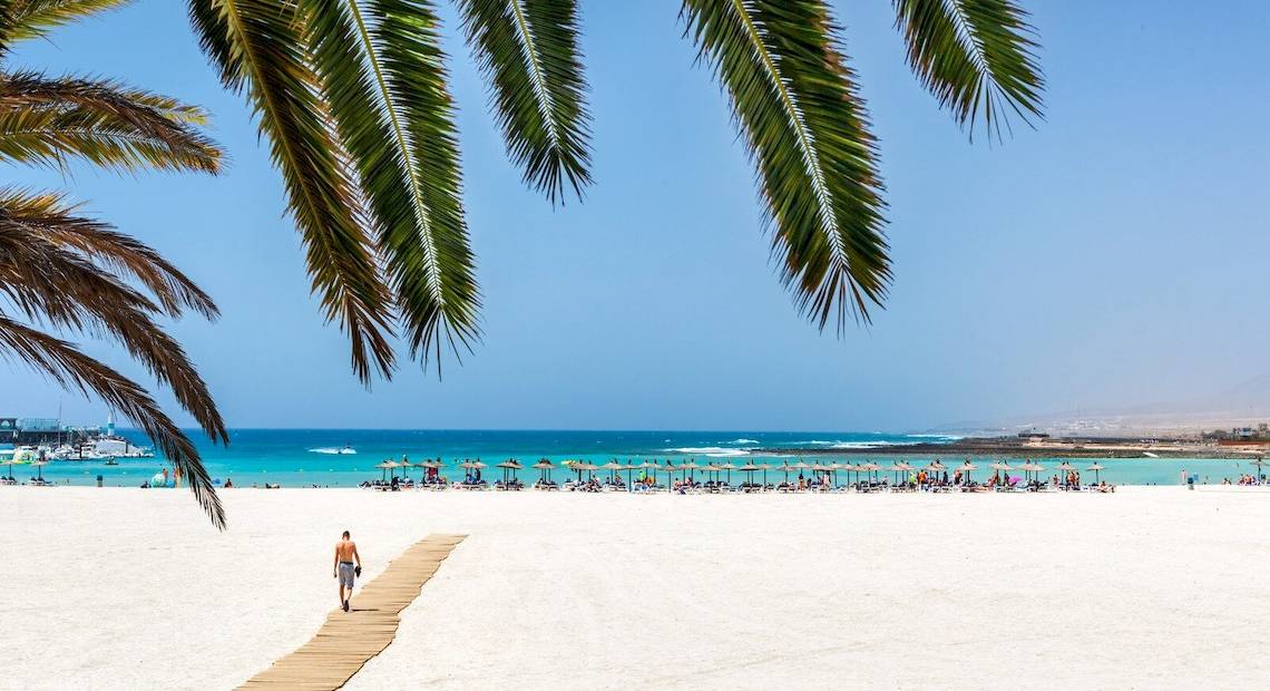 Strand des Barcelo Fuerteventura Mar mit Palmen und einem Mann, der auf dem Steg geht.