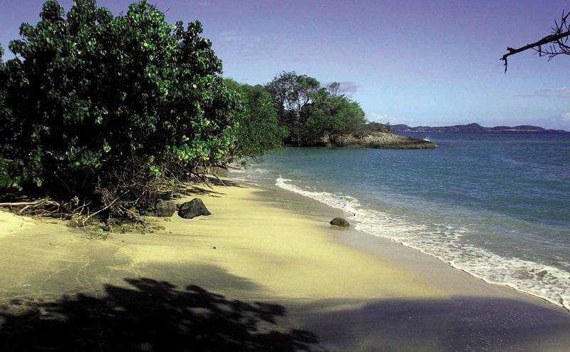 Strand mit karibischem Hotel im Hintergrund und blauem Wasser