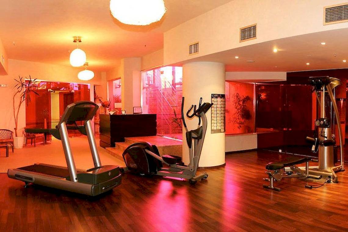 Fitnesscenter im Hotel Aegean Pearl mit Geräten und Holzboden