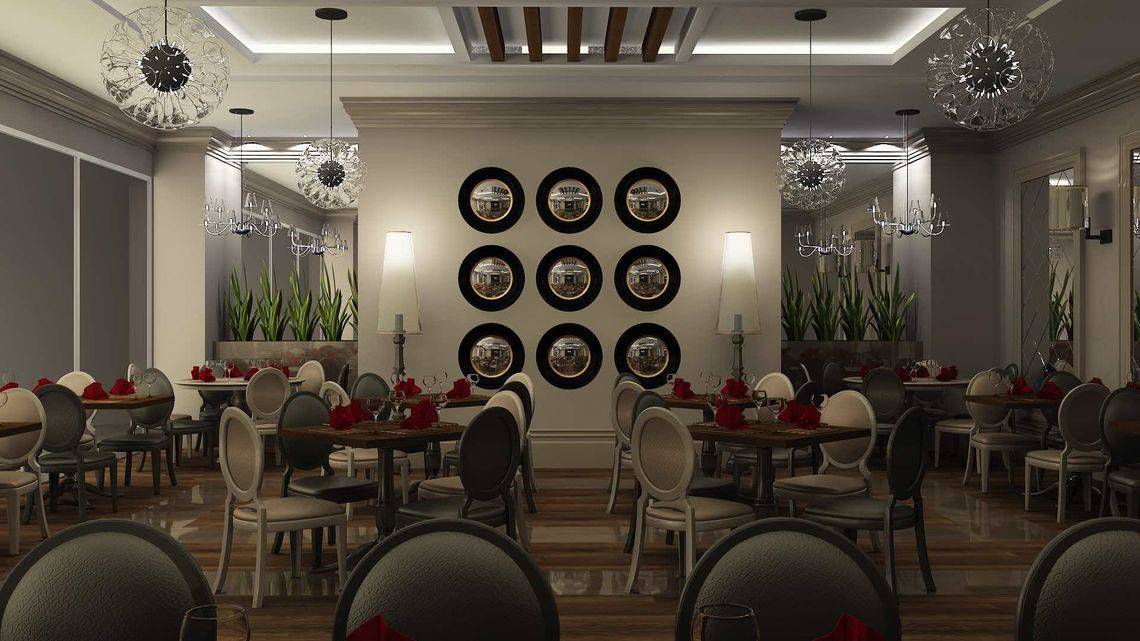 Innenansicht des Restaurants im Side Sunport Hotel & Spa mit Tischdekorationen und Kronleuchtern.
