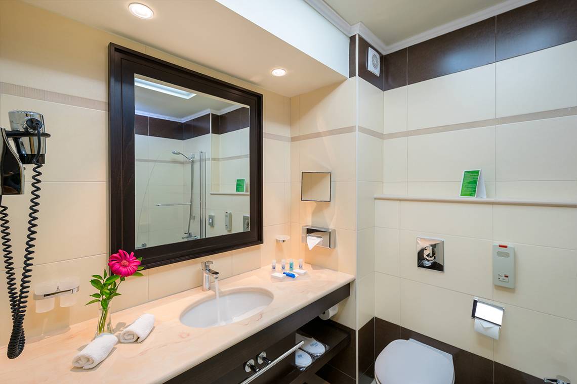 Badezimmer im Elysium Resort & Spa mit Waschbecken, Spiegel, Toilette und Handtüchern.