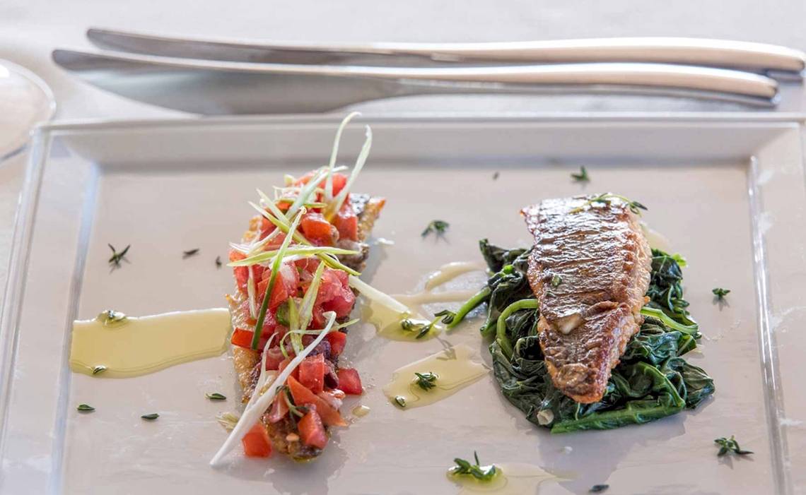 Elegantes Gericht auf weißem Teller mit Salat und Fleisch im Pelagos Suites Hotel & Spa.