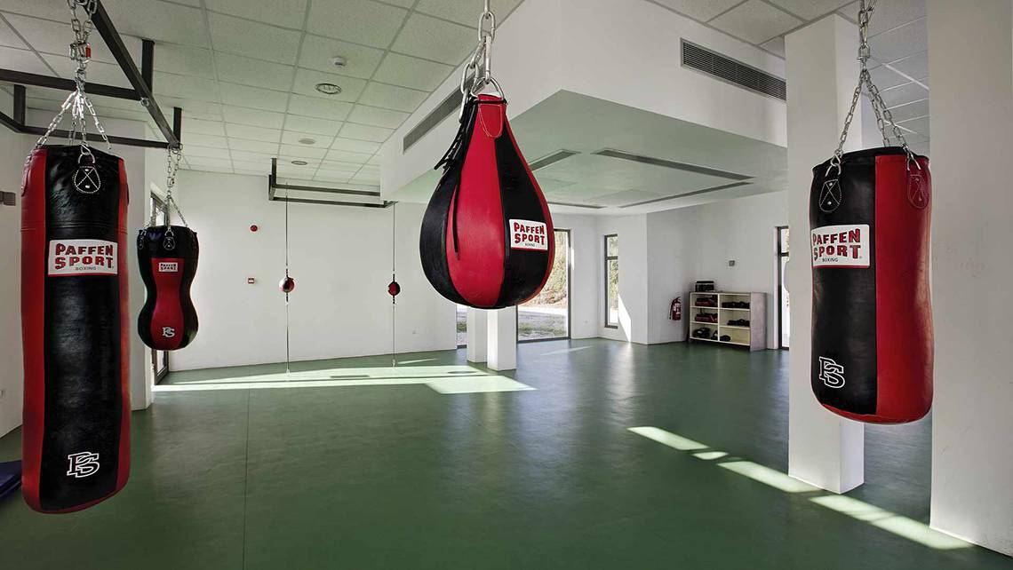 Fitnessraum im Club Plimmiri Hotel mit mehreren Boxsäcken und einer grünen Trainingsfläche.