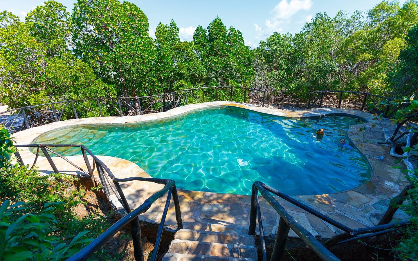 Ein Swimmingpool im Freien, umgeben von Bäumen und Sträuchern, mit zwei Personen im Wasser.