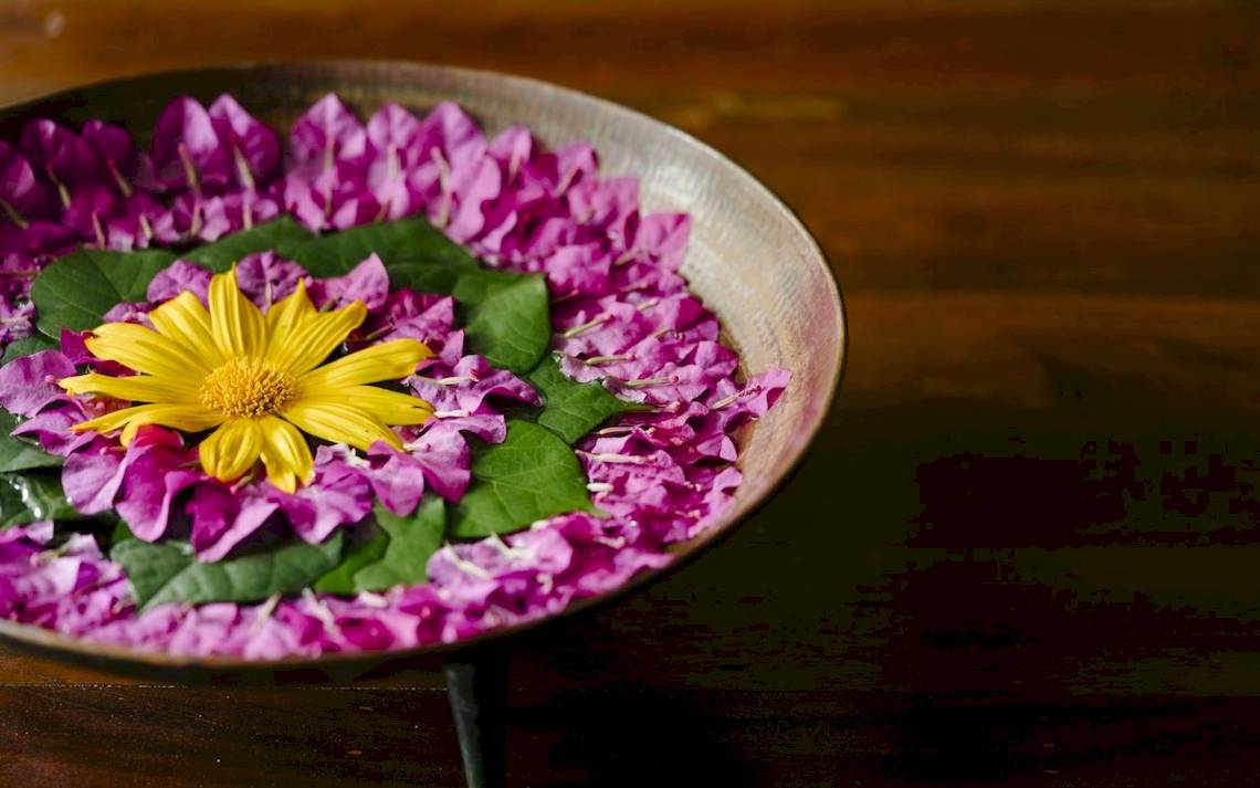 Blumenarrangement im Noku Maldives Hotel mit einer gelben Blume in der Mitte.