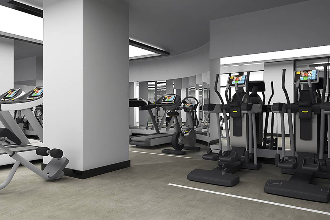 Fitnessstudio im Rixos Premium Seagate mit moderner Ausstattung und Laufbändern.