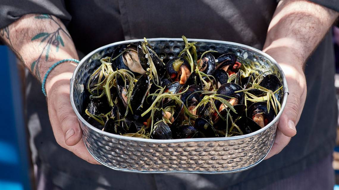 Koch mit Schale voller gekochter Muscheln und grünen Pflanzen