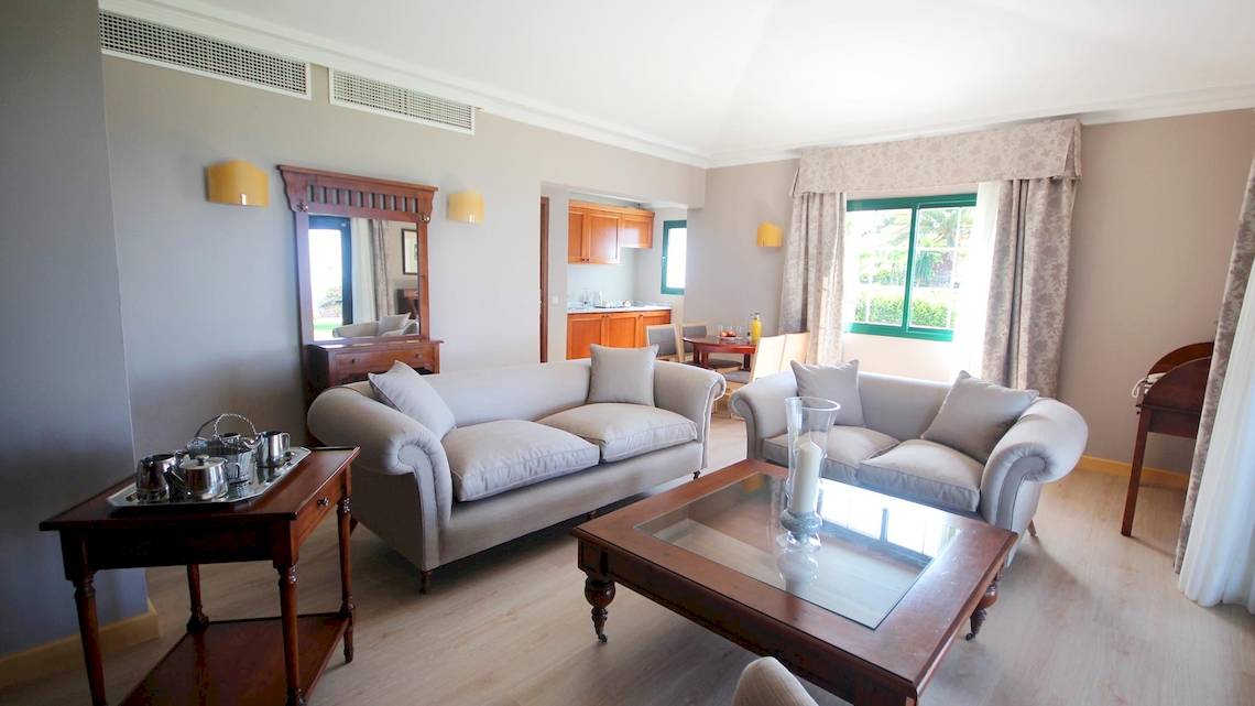 Wohnzimmer im Hipotels Natura Palace mit zwei Sofas, einem Tisch und einem Kamin.
