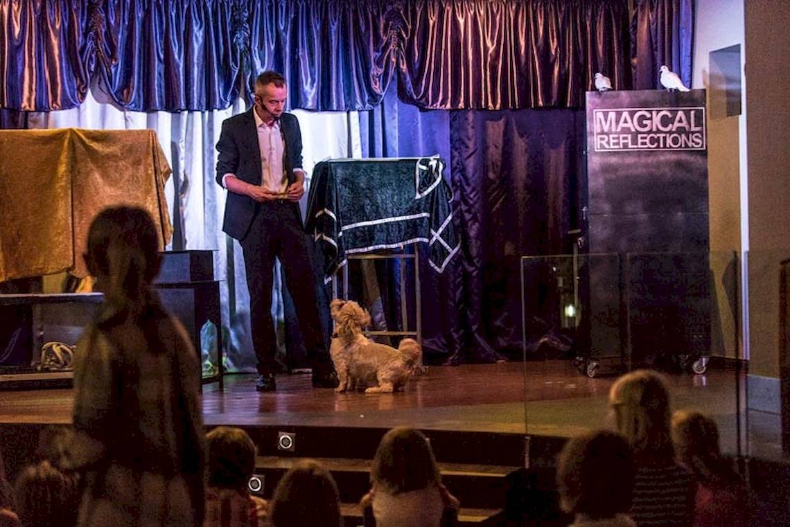 Zaubershow im Lanzarote Village Hotel mit einem Zauberer, einem Hund und Zuschauern auf der Bühne.