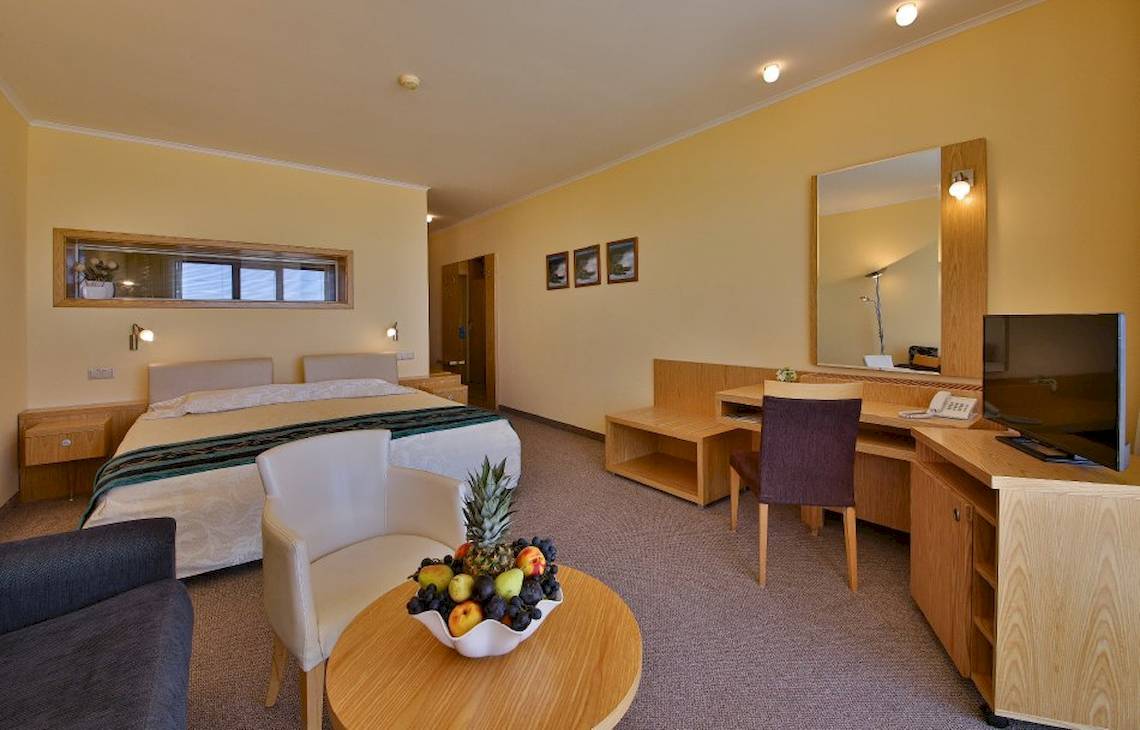 Doppelzimmer im Kaliakra Beach Hotel mit Bett, Schreibtisch, Fernseher und Obstteller.