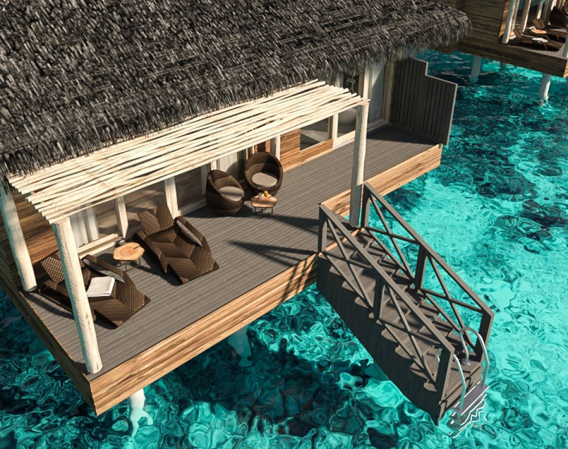 Luftbild einer Wasservilla mit Terrasse, umgeben von kristallklarem Wasser