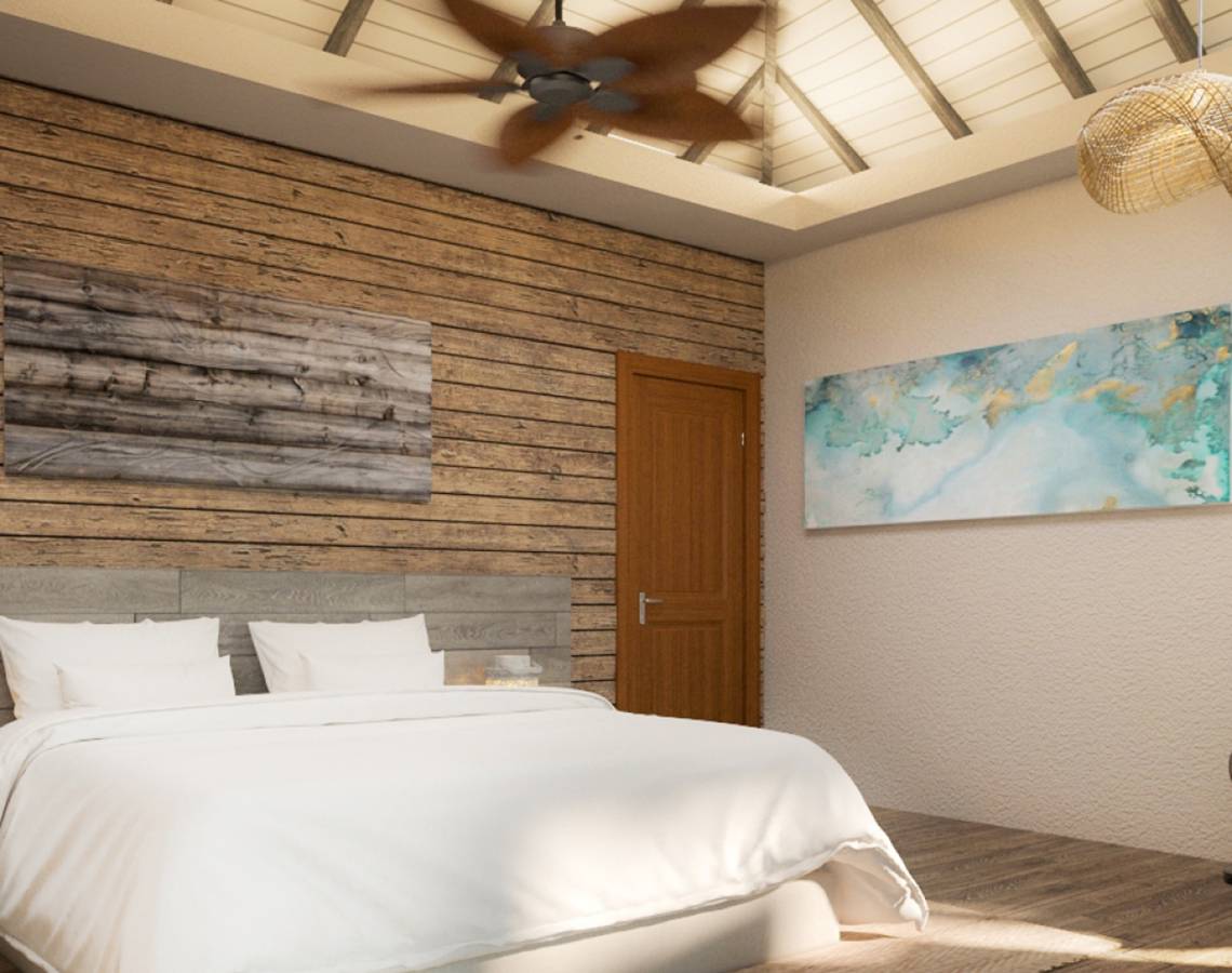 Schlafzimmer mit Holzwand, Bett, Deckenventilator und Lampen.