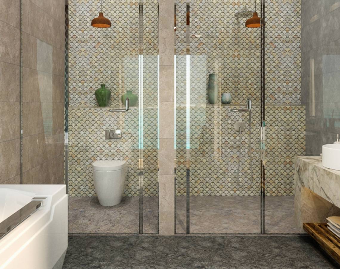 Badezimmer mit Duschbereich, Fischschuppen-Design an den Wänden, hängende Lampen und Waschbecken.
